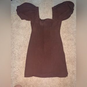 Brown Puff Sleeve Linen Mini Dress